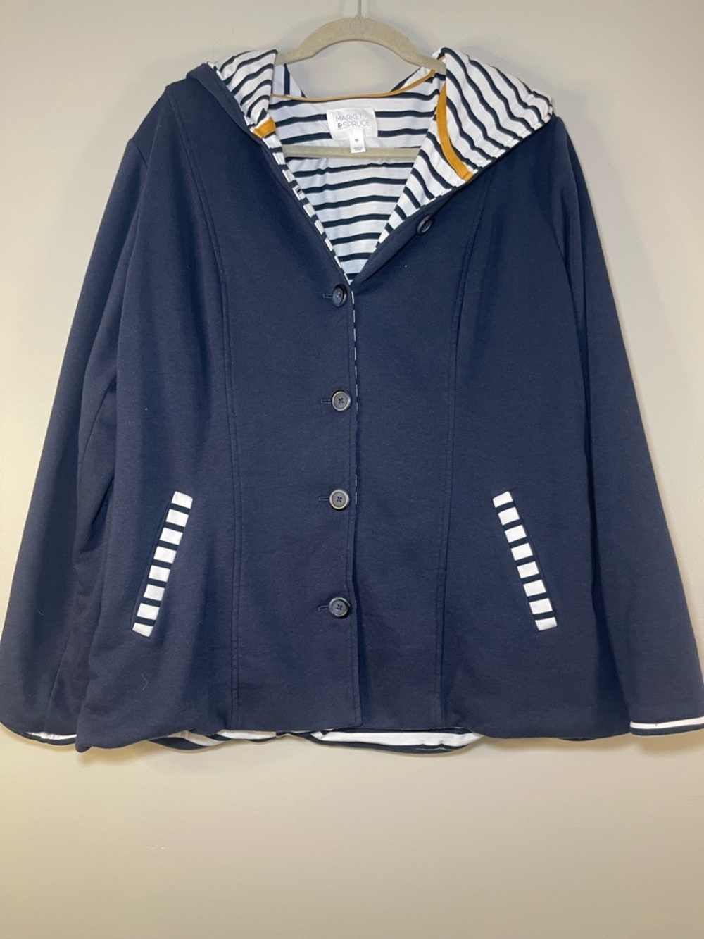 Market & Spruce Navy and White Striped Hooded Top with Contrast Trim